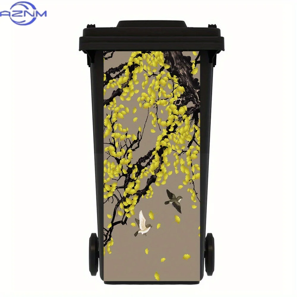1pc Art Deco Style PVC Trash Can Sticker, Self-Adhesive Waterproof Garbage Bin Decal with Tree Branches, Yellow Flowers & Bird