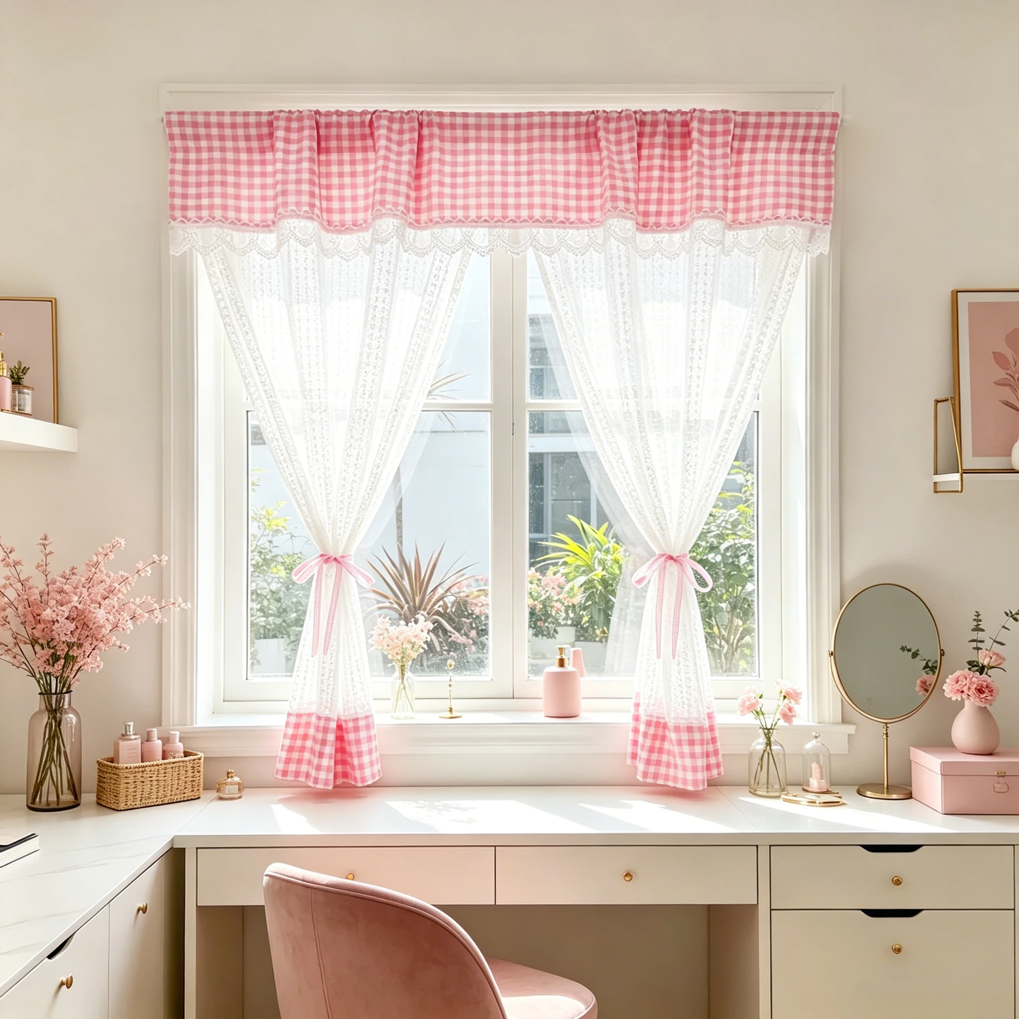 Cortina de media altura de encaje a cuadros bicolor estilo Cottagecore francés con abertura escalonada para ventana de cocina, ideal para casa de campo, dormitorio o balcón.
