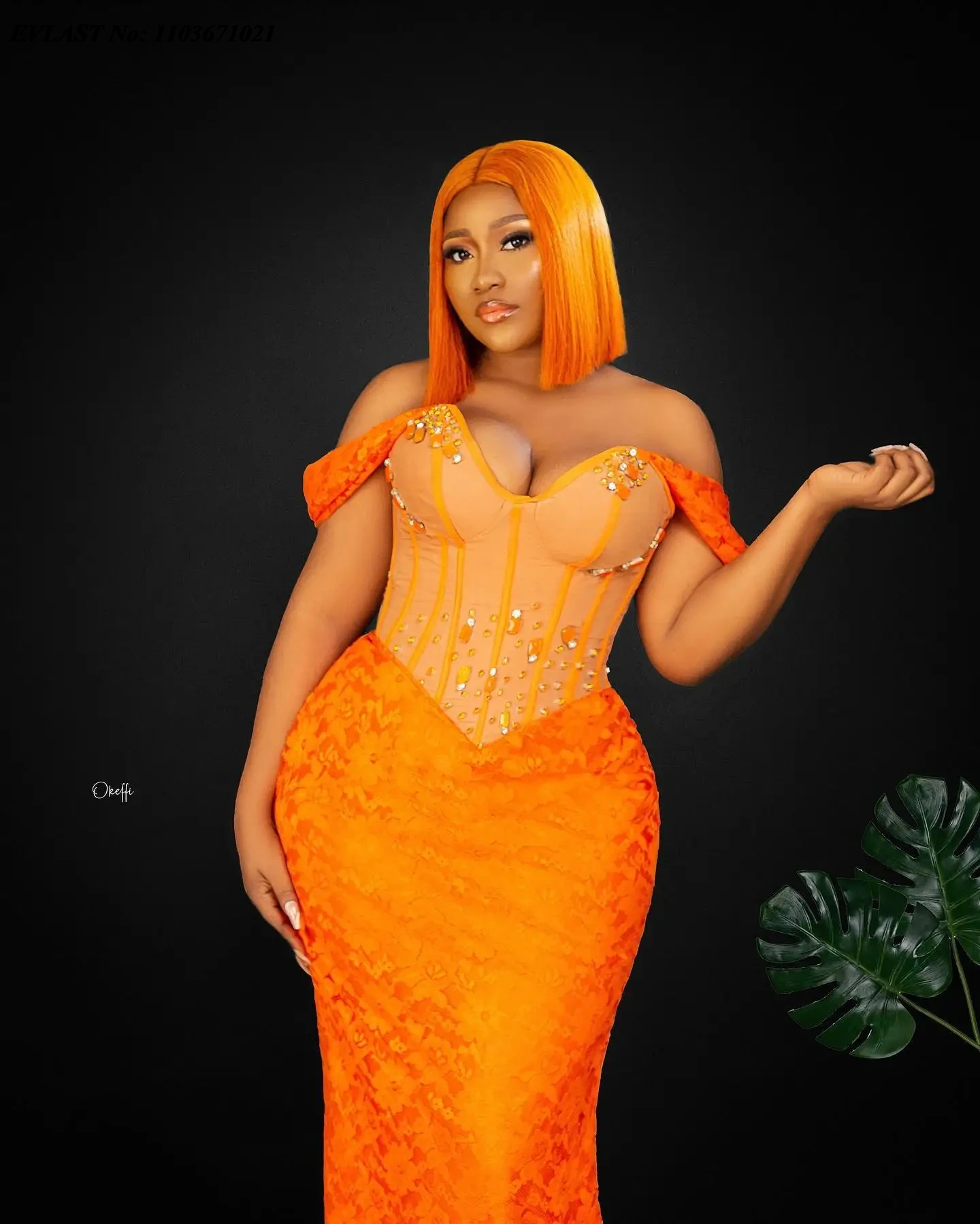 EVLAST African Bright Orange Prom Dress Long Mermaid Beaded Lace Black Women Formal Party Dress Aso Ebi Style Evening Gowns P157