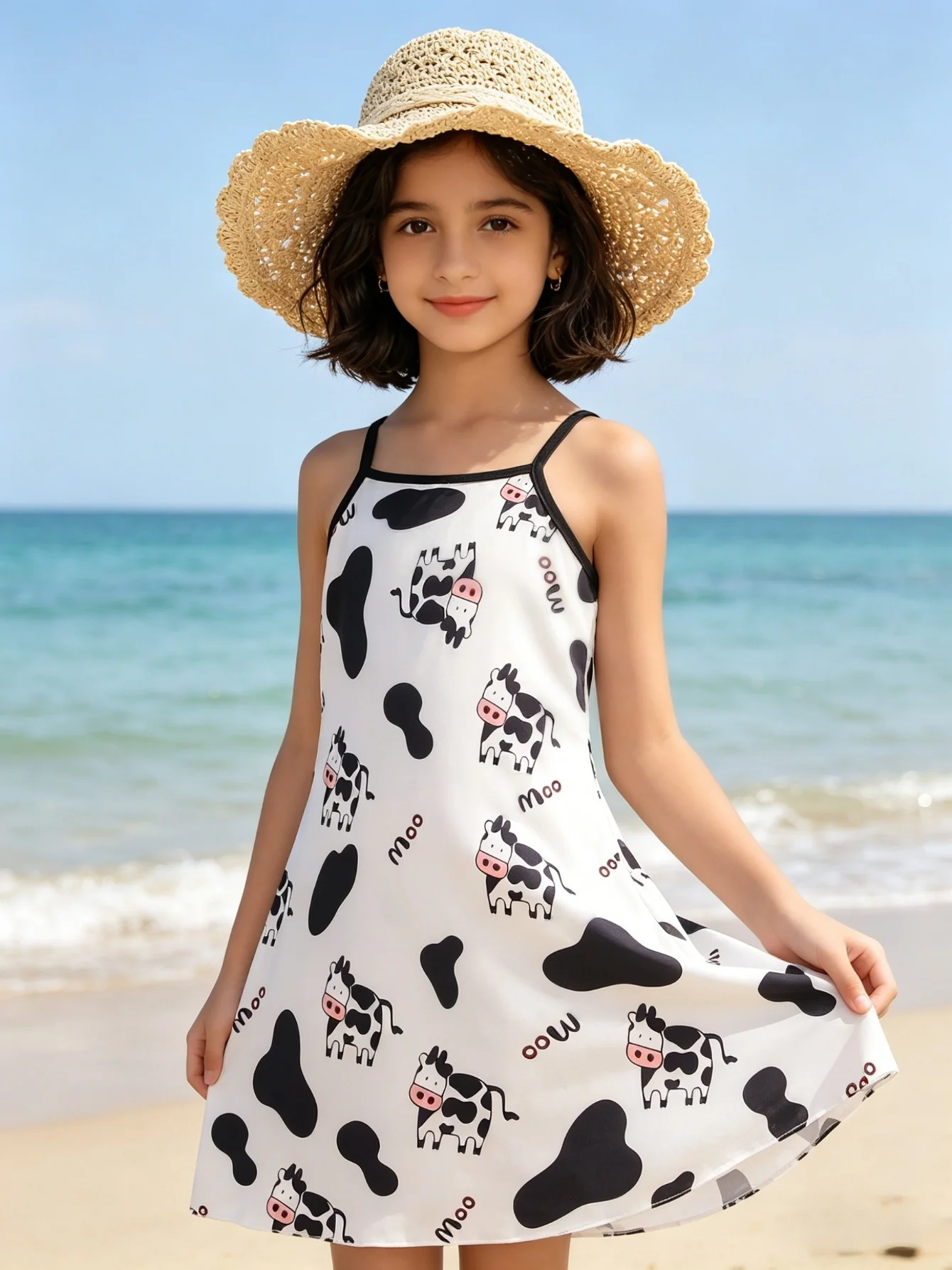 Childen Camisole Sundress Cute Cow Animal Print Sleeveless One‑Piece Dress Casual and Comfortable Summer Home Daily Wear