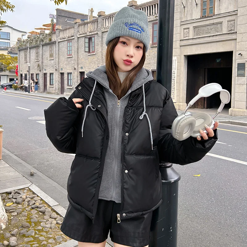 偽二枚フード付きパーカー女性の Pu レザーショートコート綿入りジャケットルーズアウター学生厚みのパン服
