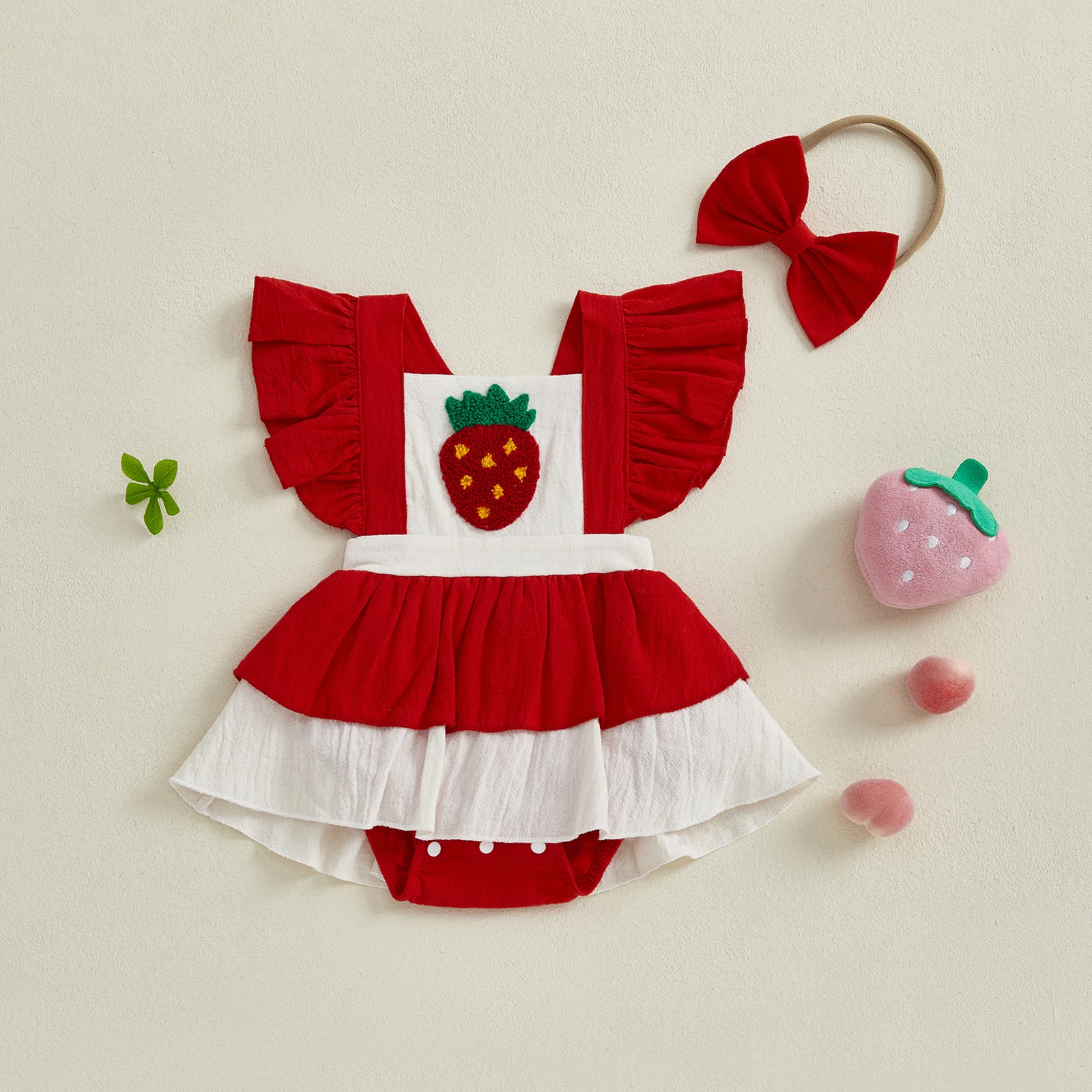 

Lioraitiin Newborn Baby Girl Summer Outfits Ruffle Sleeveless Strawberry Embroidery Romper with Headband Set Clothes