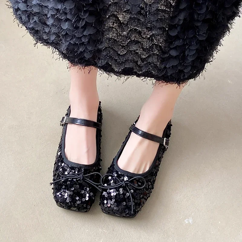 2024 New Spring and Autumn Fashion Square Head Sequin Shallow Mouth Bow Buckle Casual Soft Bottom Lightweight Women's Flat Shoes