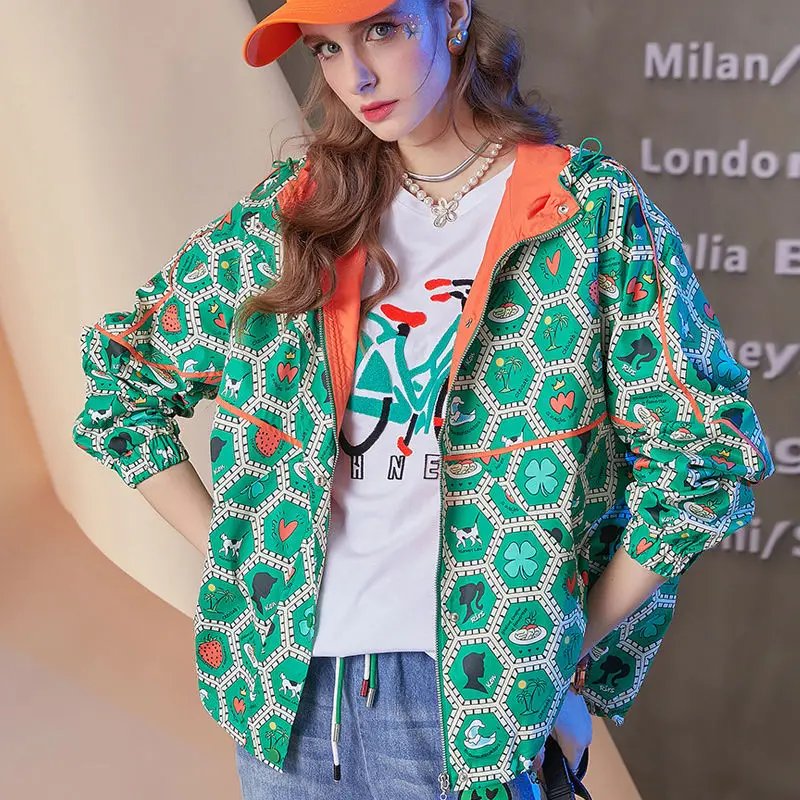 Imagem -03 - Jaqueta Feminina com Capuz Blusa Estampada Combinando Cores Moda Primavera-verão Nova Tendência 2024