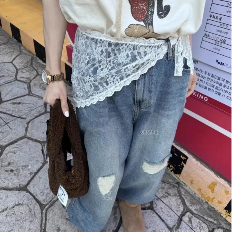 Korean Spring And Summer Fashion Lace Fart Curtains Triangle Peplum Lace Tie Short Apron Spice Girls Street Jeans With Accessory