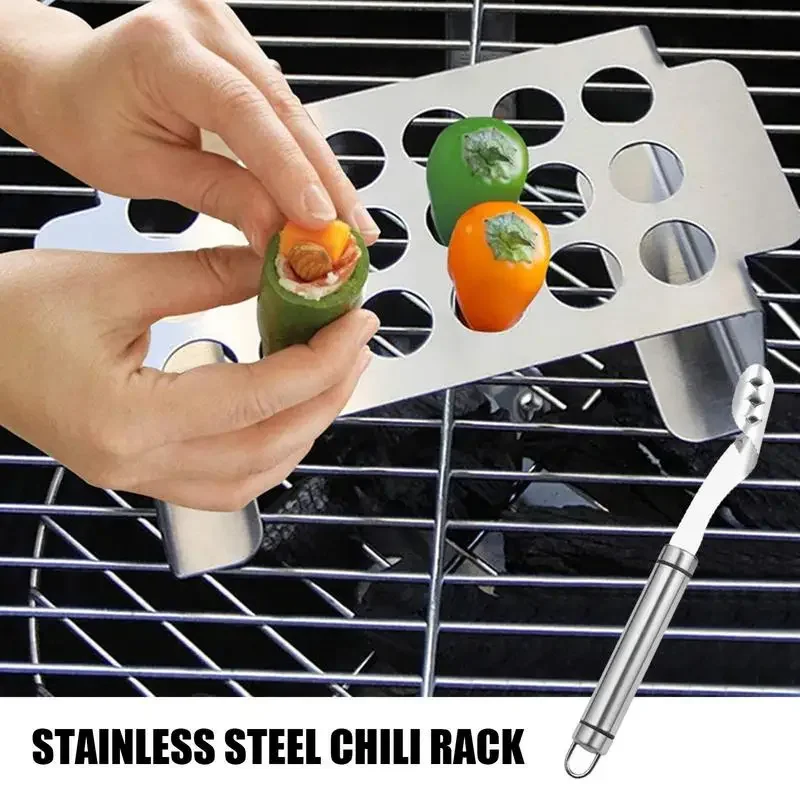 Jalapeno-rejilla de acero inoxidable para asar pimienta y Chile, herramienta de barbacoa con patas de pollo, barras de soporte inferiores, venta al por mayor