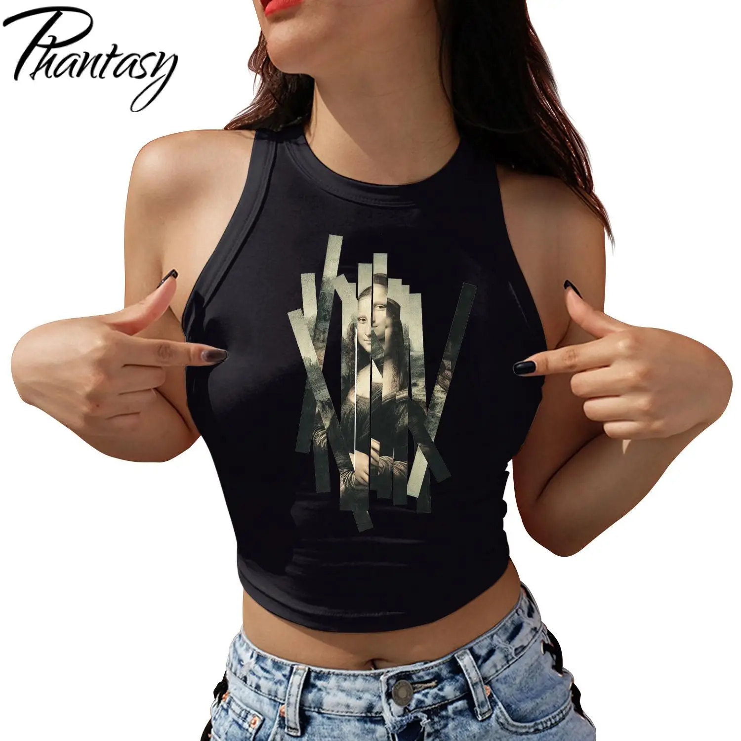 Phantasy Women's Y2K Crop Tops Round Neck Tank Top Classic Painting Print Short Vest Tee Cool Street Fashion Women Clothing