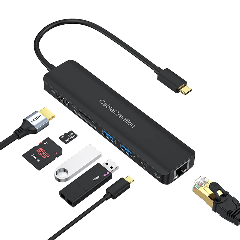 7 Port Usb C Hub Type C To  RJ45 Ethernet Usb 3.0 Micro Sd / TF Card Reader For  Switch Dongle