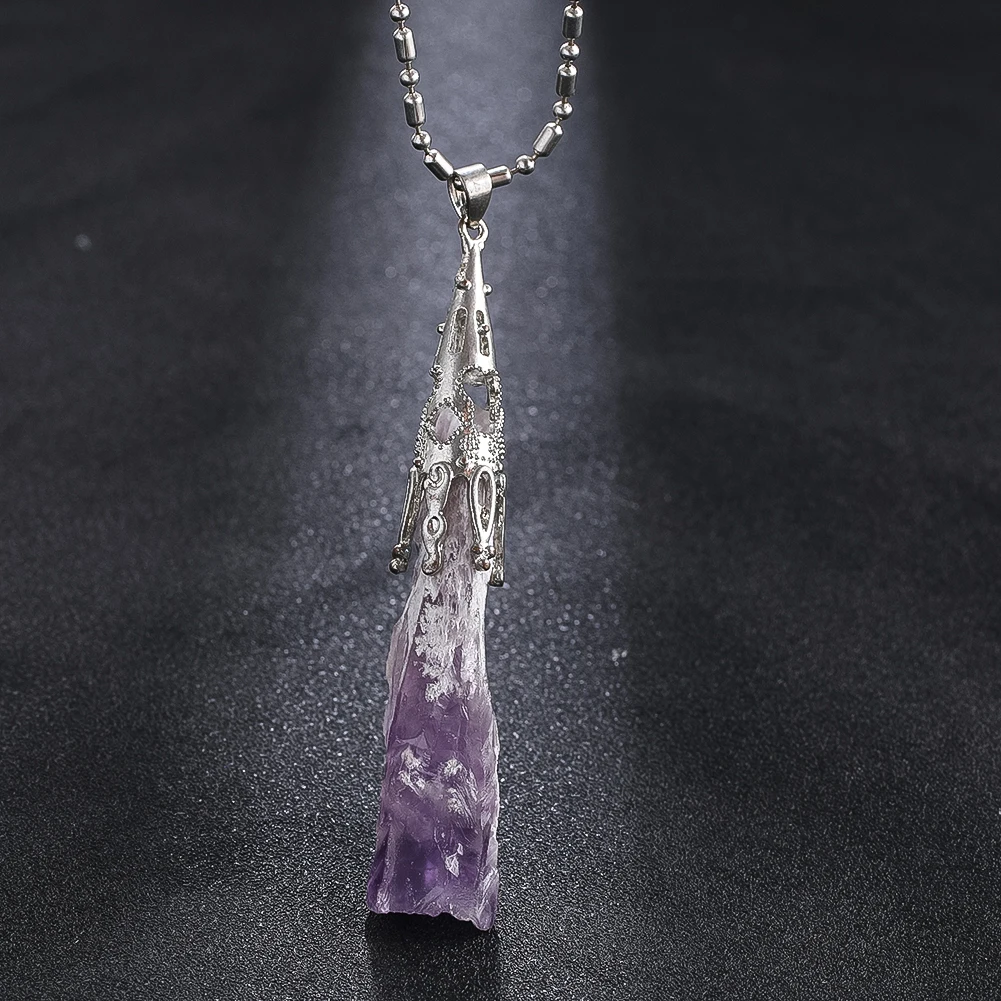 Natural Amethyst Stone Necklace Quartz Crystal Cluster Scepter Pendant Wand Point Reiki Healing Jewelry Necklace for Woman