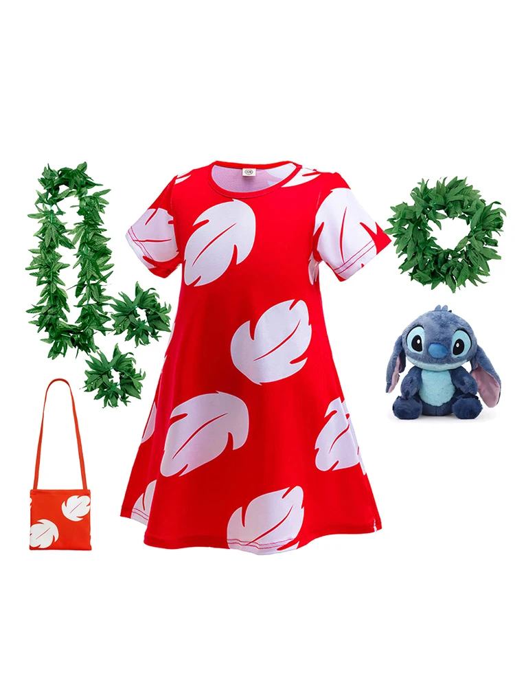 Robe de jeu de rôle Lilo, Costume hawaïen pour enfants, robe rouge en vedette avec imprimé plumes blanches, expérience 626