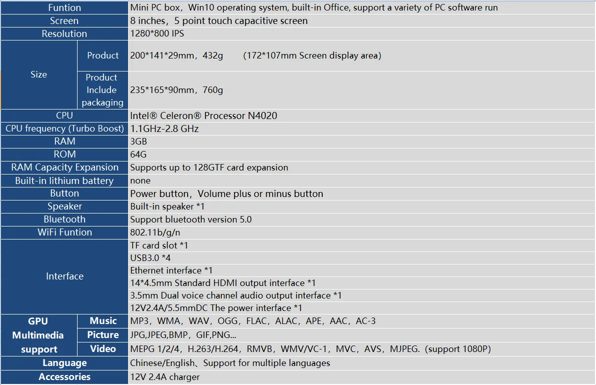 X2S Mini PC H8F 8 inch 1280*800 Pocket PC PIPO Win10 Win11 Tablet PC J4105 4G Ram 64G Rom TV Box BT5.0 Wifi RJ45 Mini Desktop