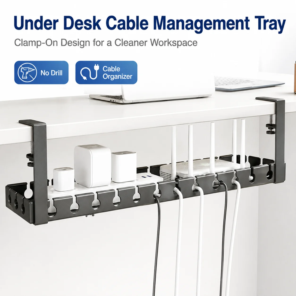 Under Desk Cable Management Tray No Drilling Retractable Metal Wire Organizer Power Strip Storage Rack for Home Office