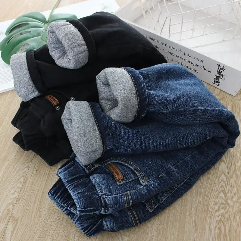 1-7 Years Old Children Jeans 2024 Winter Baby Boys Girls Solid Color Three-Layer Cotton Warm Denim Pants Kids Thicked Trousers