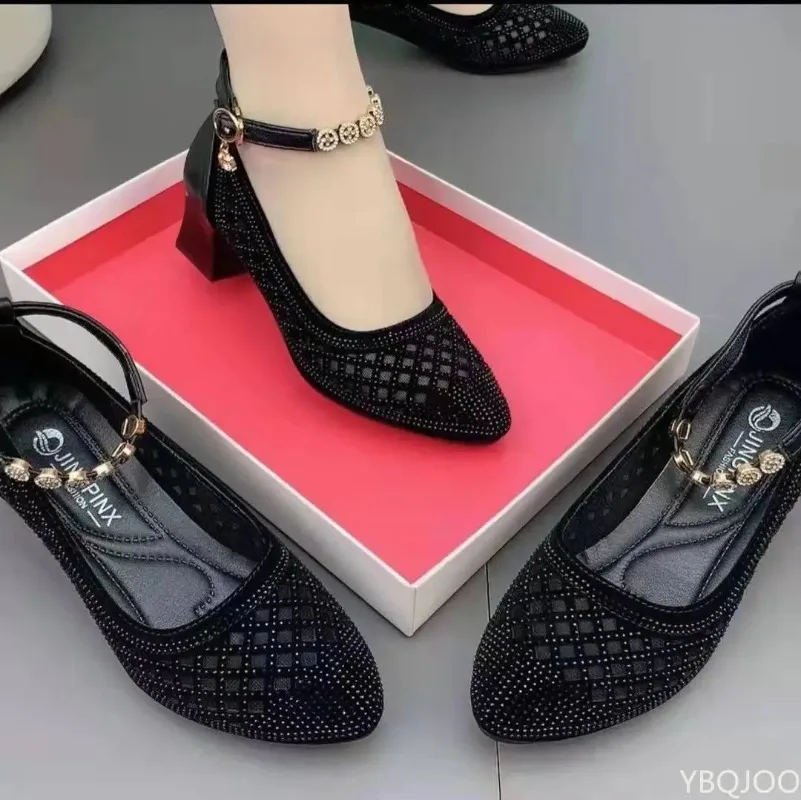 Women\'s 2022 Rhinestone Single Pumps Shoes Ladies Elegant Mesh Hollow Breathable Soft Sole Thick Medium Heel Sandals Loafers