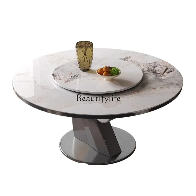 

Light luxury rock slab round table high-end modern minimalist Italian minimalist dining table with turntable