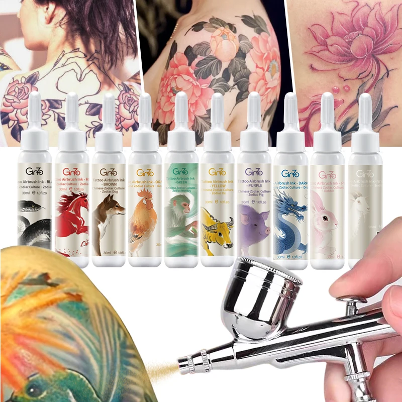 

Аэрограф Временные чернила для татуировки 11 цветов Водонепроницаемая долговечная краска для боди-арта Безопасная для детей Легко смывается с спиртом (30 мл)