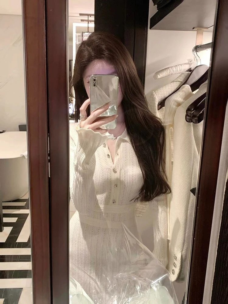 Autumn French Hollow Knitted Short Dress Women Long Sleeve Elegant Design Slim Fit Waist Cinched Chic