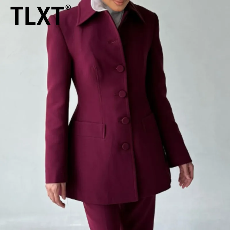 

TLXT Women's Spring Summer Red High Design Sense Suit Jacket Solid Color Single Breasted Lapel Waist Pocket Corset Jacket 2025