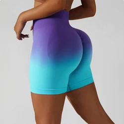 Gradient Seamless Yoga Shorts Gym Running Workout Tight Sports Shorts Women's High Waist Elastic Butt Lifting Fitness Pants