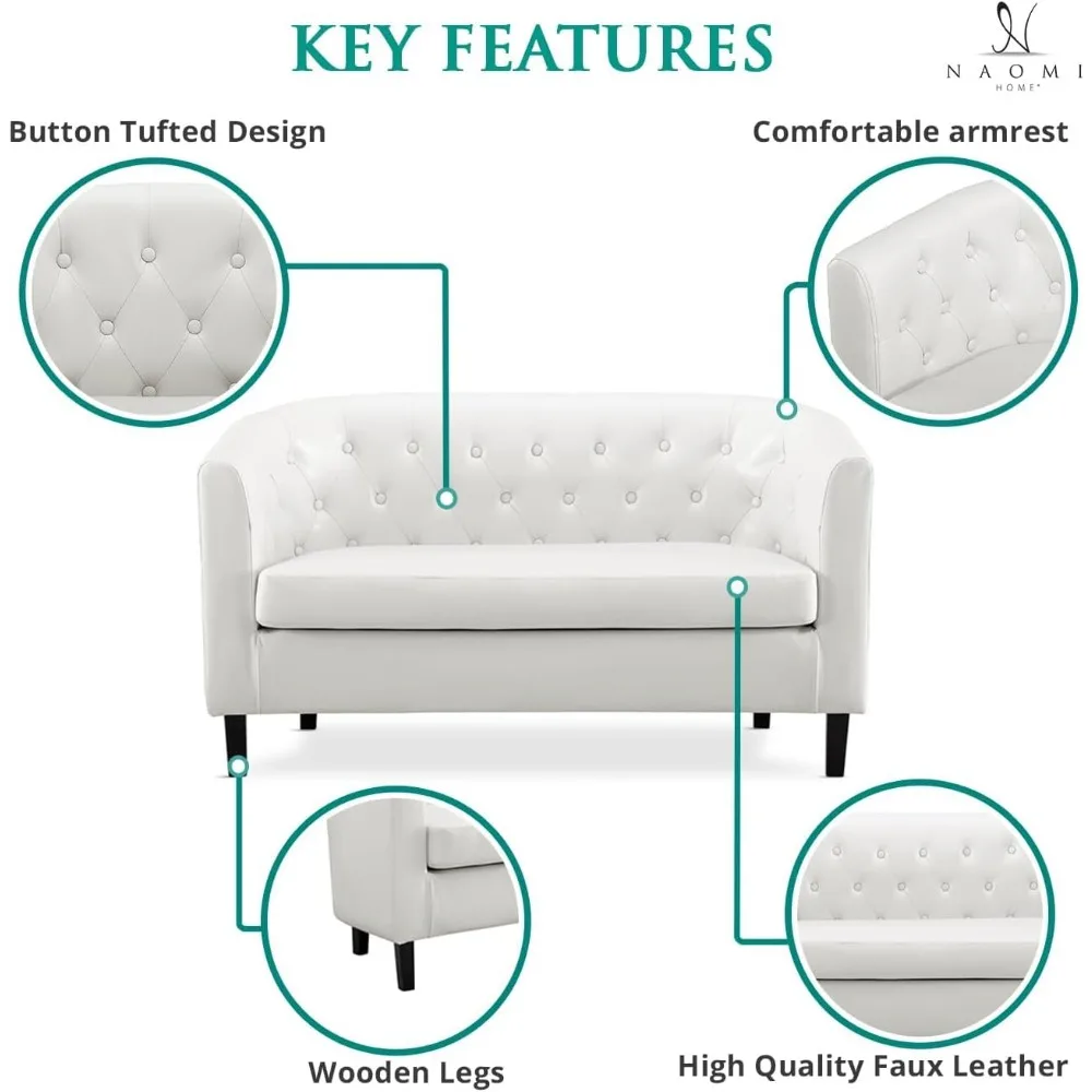 مقعد إيما لوف، مقعد أسطواني من الجلد الصناعي معنقدة بأزرار، أريكة حديثة في منتصف القرن بمقعدين، مقعد صغير للمساحة الصغيرة