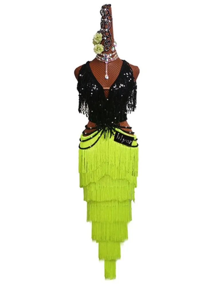 Belly Dance Latin Dance Competition Skirt Adult Female Performance Dress Fluorescent Yellow Tassel Skirt Sequin Flash Diamond