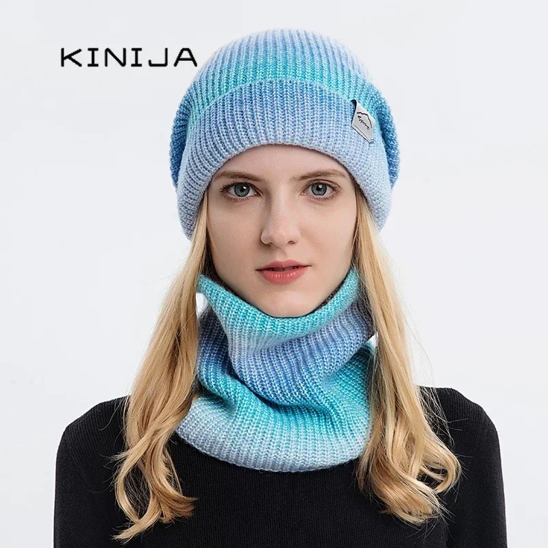 Women Winter Hat Gradient Striped Ski Hat Neck Warmer Female Tie Dye Beanie Russia Outdoor Thicken Plush Hat+Scarf Set