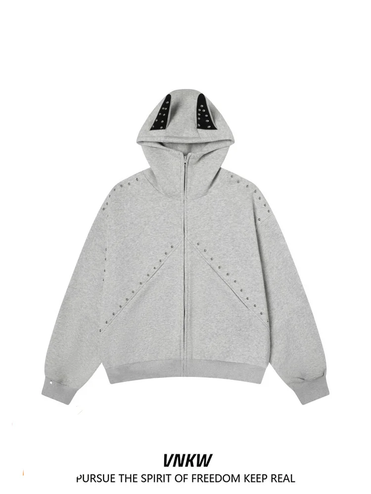 

Американская толстовка-куртка унисекс с заклепками и пэчворком, осенне-зимняя, свободного кроя, повседневная, на молнии