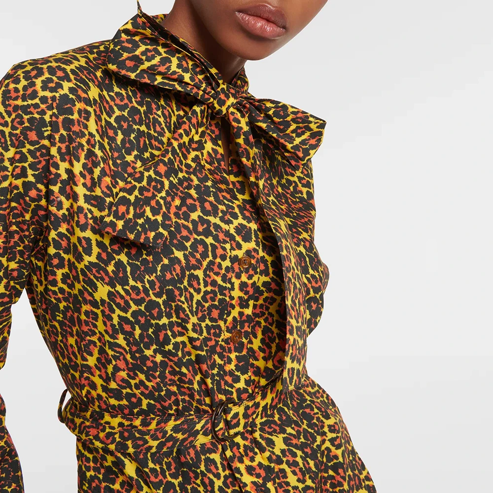 Women\'s Long Sleeve Leopard Print Dress, Irregular Cut, Bowknot Collar, Temperament Commuter, Fashion, Spring, New, Y2K, 2024