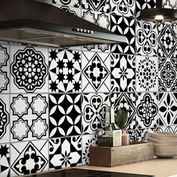 1 Roll of Moroccan Black and White Printed PVC Self-Adhesive Kitchen Stickers Waterproof and Moisture Resistant Thickened Wallpa