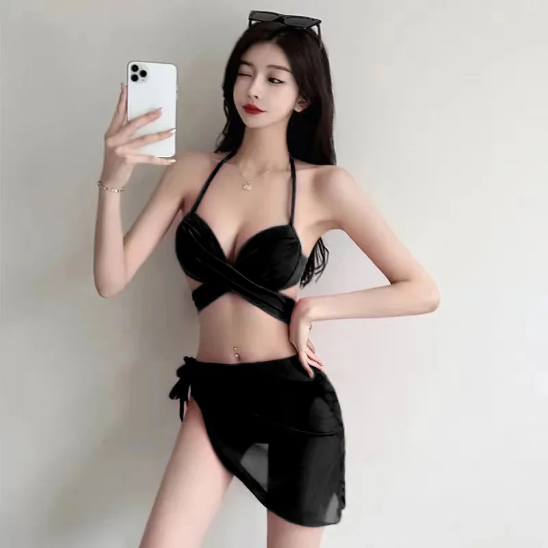 

Pure Color Sexy Bikini e Split Strap Vaion Women's Swimsuit Gathered Chest Binding Hot Girl Thermal Resort Swimwear