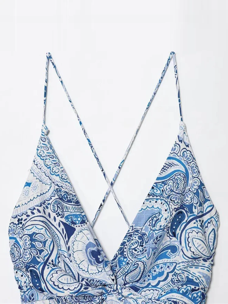 Damska sukienka midi w kwiaty nerkowca z paskiem do spaghetti Seksowna sukienka boho bez pleców z ozdobnym wiązaniem w talii Sukienka midi na plażę Dzielone sukienki wakacyjne