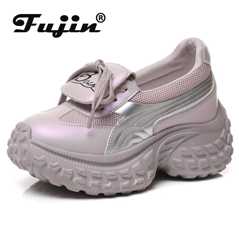 

Fujin 8cm Air Mesh Summer Microfiber Genuine Leather Loafer Fashion Comfy Chunky Sneakers Women Vulcanize Platform Wedge Shoes