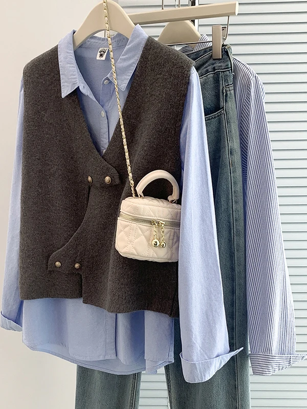 

Women's Camere Knitted Sweater Vest Large Size Autumn 2025 V-ne Irregular Layering Little Fraance Sle Vest