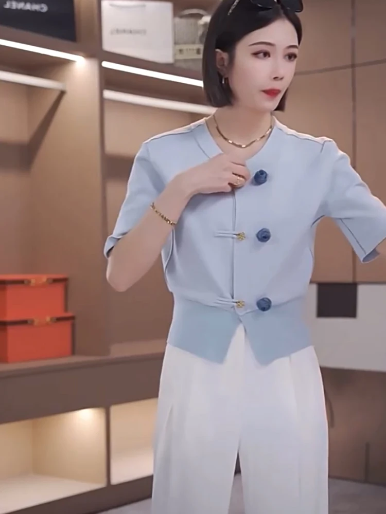 

New Chinese Sle National Trend Button ort Sve Summer New Design Sensation 3D Flower Chiffon irt Anti Aging Top