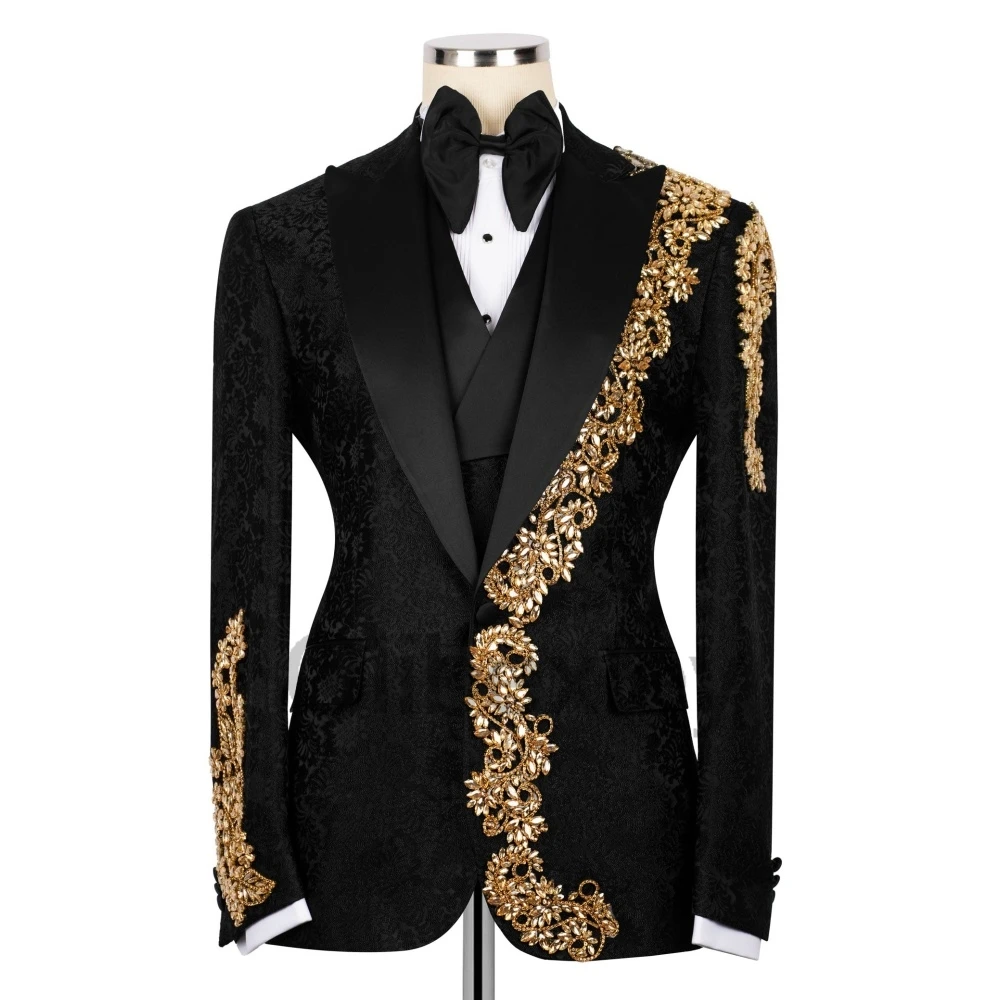 Olibexley 2027 Black Men Suits 2 Pieces Sets Gold Beaded Diamond Wedding Groom Tuxedos Male Prom Party Blazers Customized S297