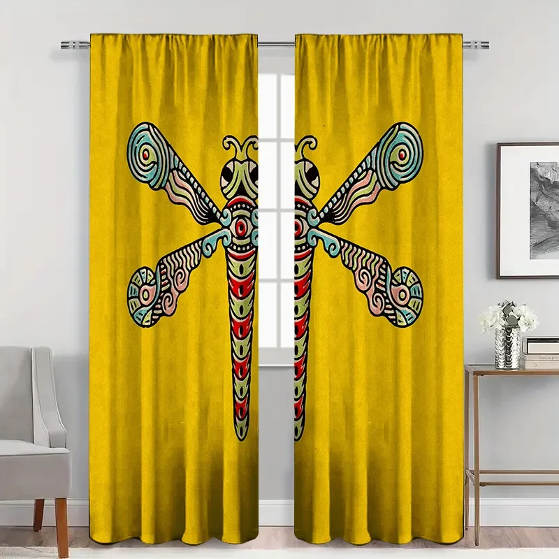 2pcs Yellow Dragonfly Art Curtains with Rod Pocket, Multicolored Insect Print Sheer, Vibrant Nature Theme for Bright Living Room