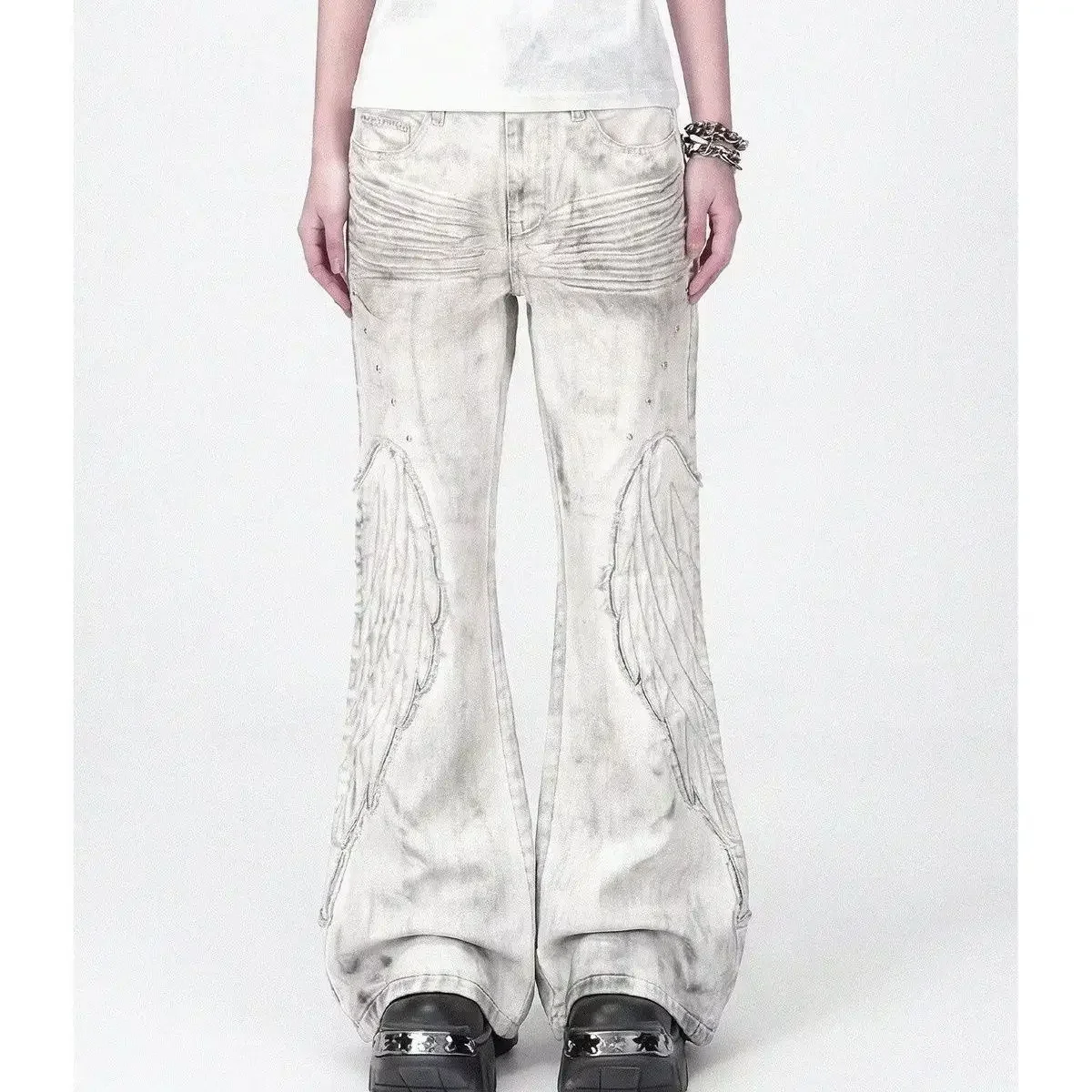 Y2K Distressed Wing Patch Embroidery Slight Flare Pants Slim Punk Jeans for Men and Women