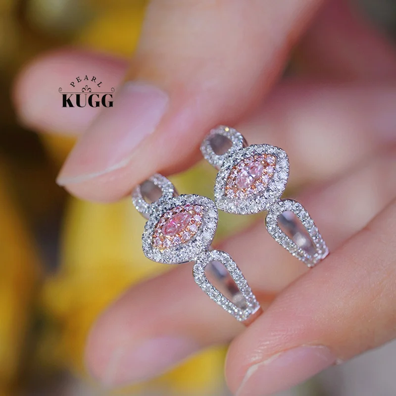 KUGG 100% 18K White Gold Rings Romantic Marquise Cut Shape Real Natural Pink Diamond Ring for Women Gentle Style Party Jewelry