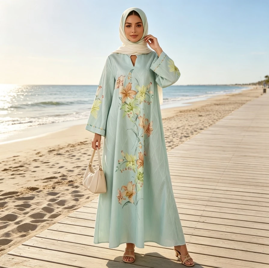 Women Eid Dress Abaya Flower Print Party Dresses Muslim Diamonds Jalabiya Ramadan Morocco Dubai Kaftan Vestidos Arab Long Robe