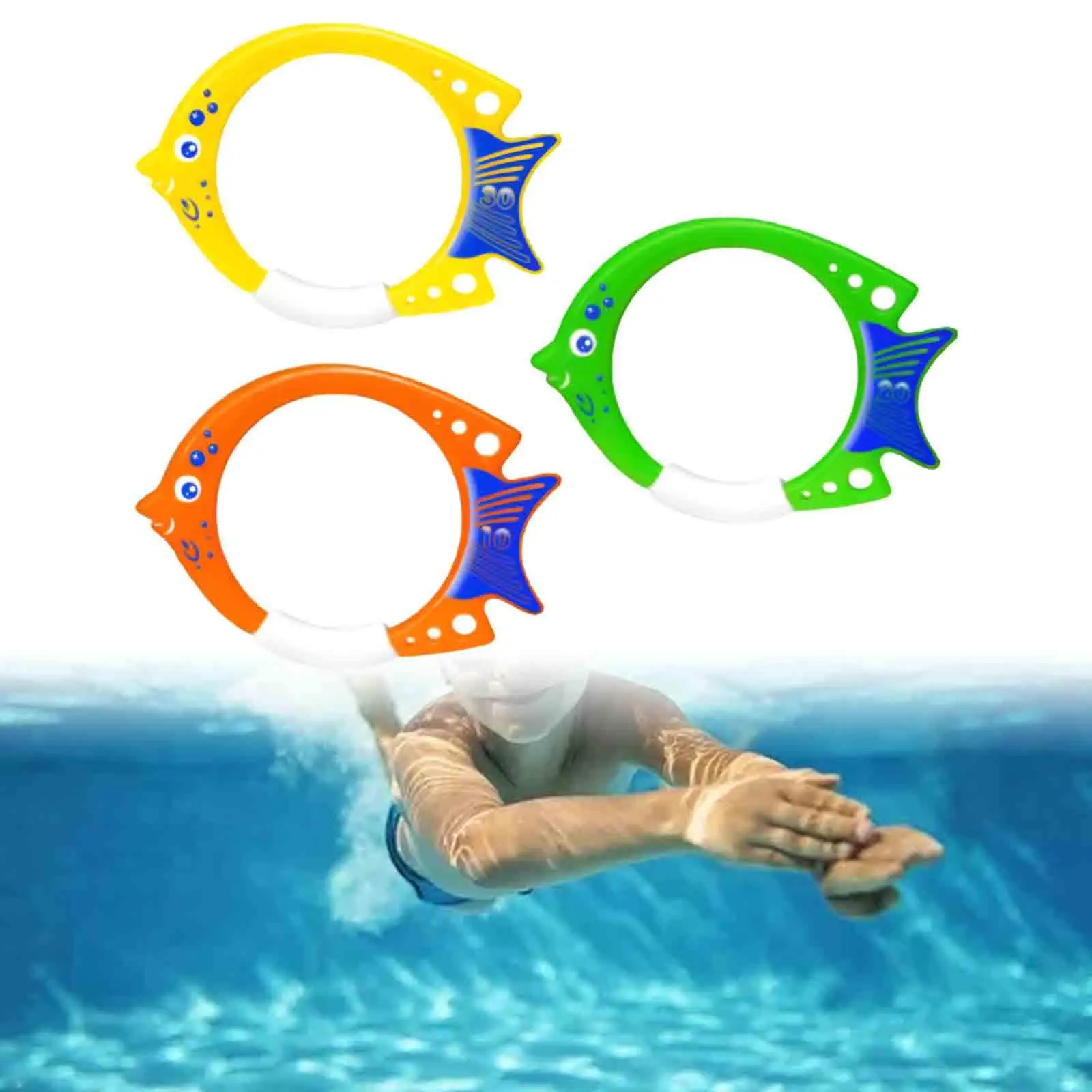 3x Diving Fish Ring Toys Fun Sinker Set Underwater Swim Dive Rings Pool Dive Rings for Games Water Sports Aquatic Exercise Kids