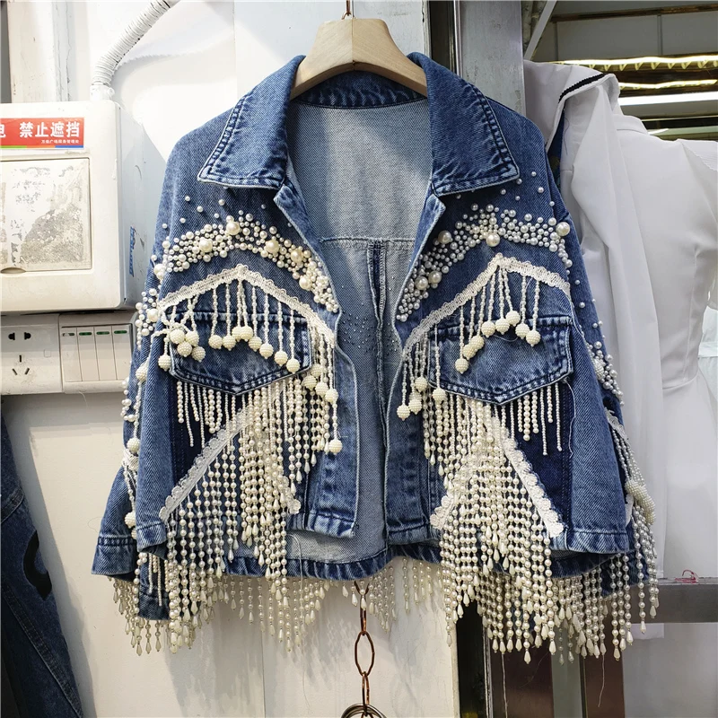 

Vintage Blue Heavy Work Beading Tassels Denim Jacket Women Cowboy Outerwear Loose Short Three Quarter Sleeve Jeans Jacket Female