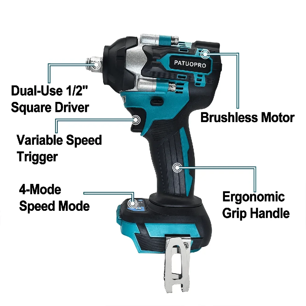 1/2-Inch Cordless Impact Wrench Brushless Power Electric Wrench 500N.m 4-Mode Speed with 4.0Ah Battery and Charger