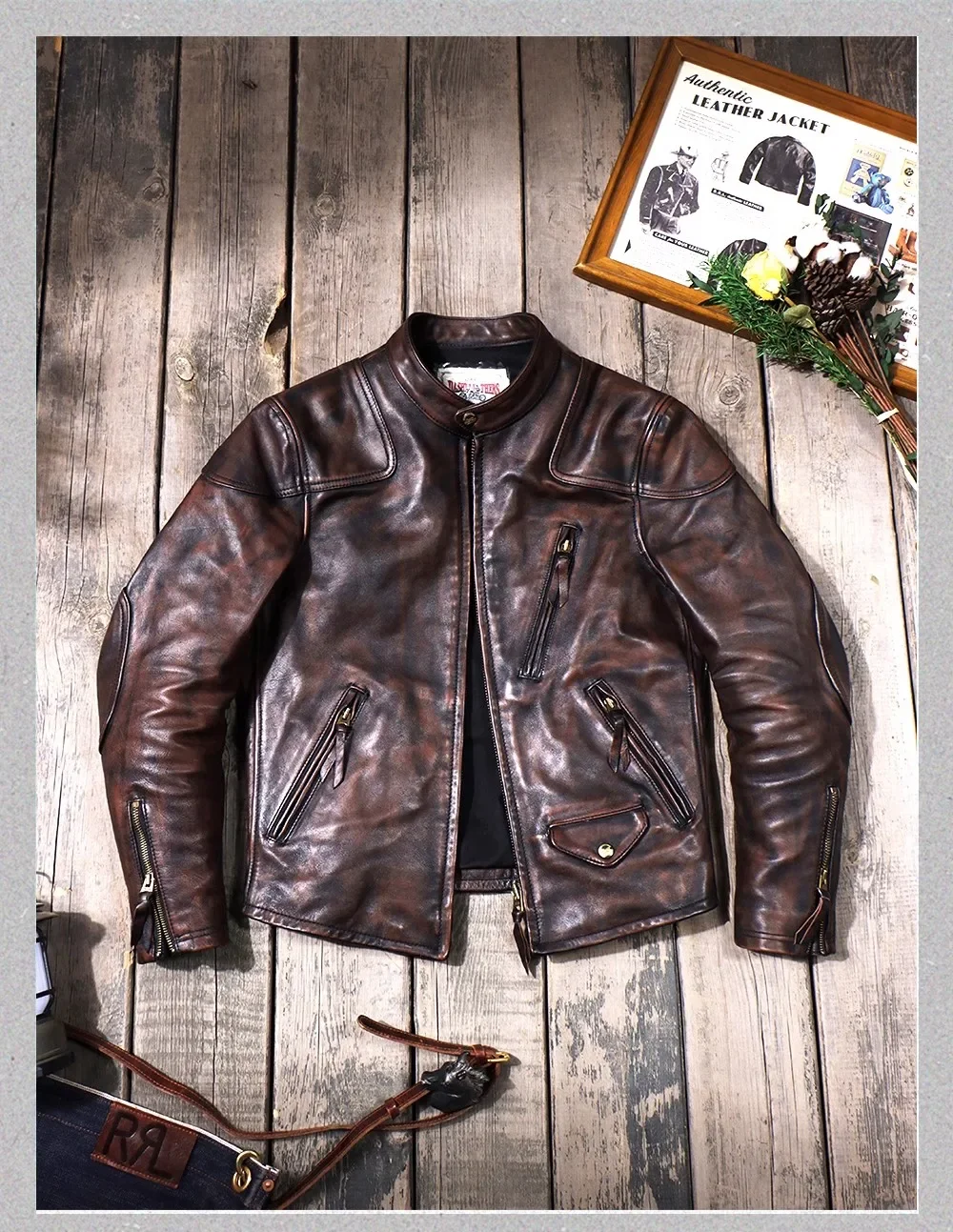 YR Wholesales.Popular Tough guy genuine leather jacket.Vintage style Motor Rider horsehide coat.Men Fashion leather cloth.