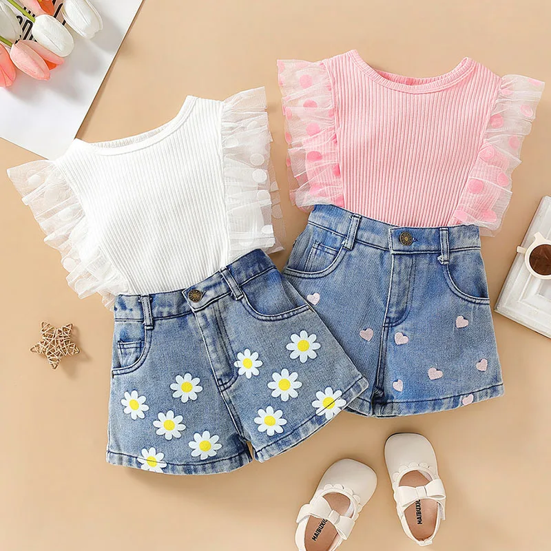 

2Piece Summer Clothes Girls Outfit Sets Korean Fashion Cute Mesh Sleeveless Baby Tops+Denim Shorts Boutique Kids Clothing B217