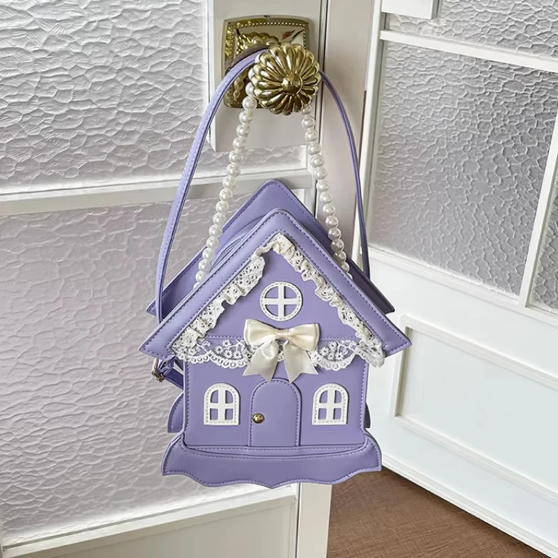 Lolita Style House Shaped Zipper Bag Pearl Decor Chain Strap Cute Crossbody Purse Mini Box Handbag Sweet Girl Shoulder Bag