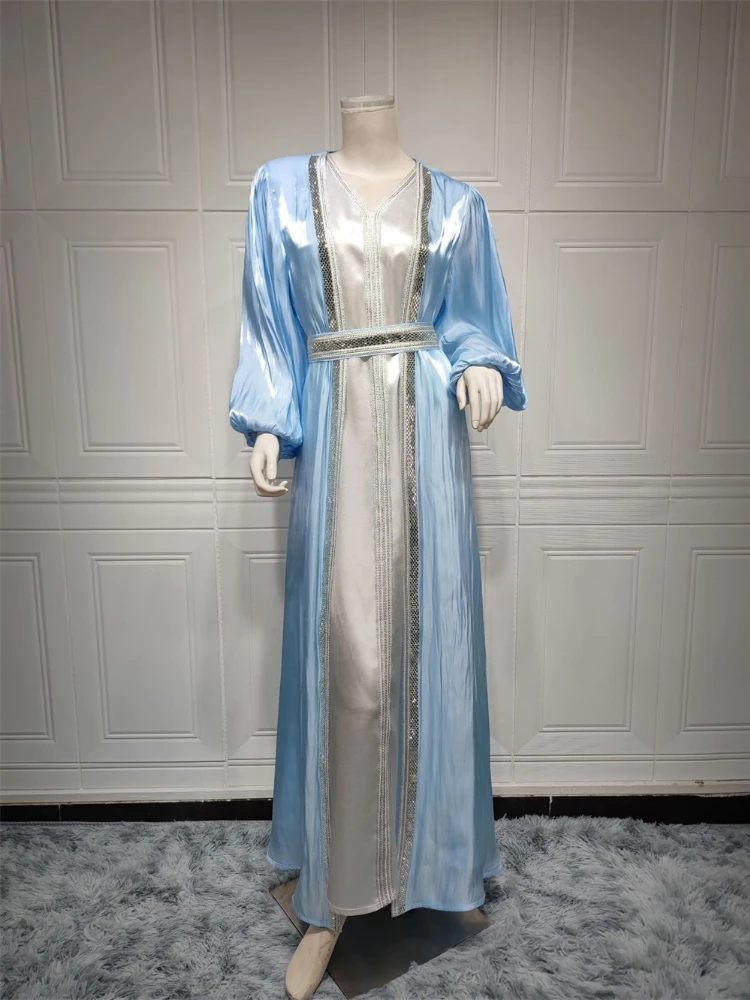 Imagem -05 - Conjunto Marroquino de Luxo Caftan para Mulheres Cetim e Cetim de Seda Elegante Manga Lanterna Diamantes Abaya Vestidos Ramadan Peças 2023