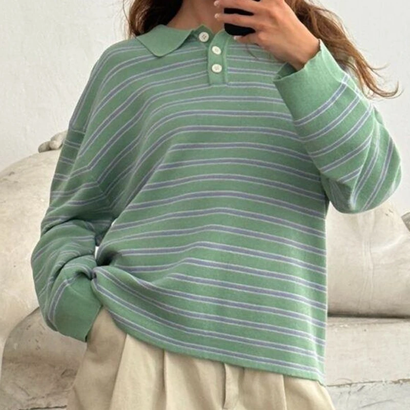 

Retro Women Striped Collared Sweater Loose Long Sleeve Pullover Knit Tops Casual Autumn Winter Fall Clothes