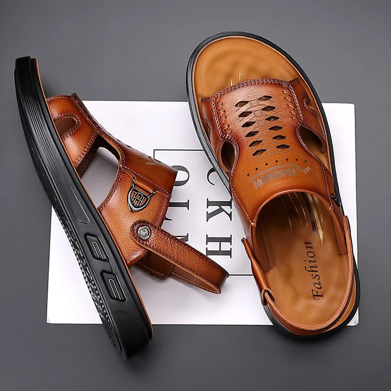 

Sandals for men's new summer non-skid leather beach shoes with soft soles and top layer cowhide casual sandals for men