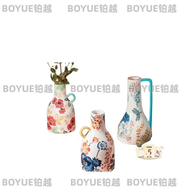 French Style Underglaze Ceramic Vase Light Luxury Home Decor Dried Flower Arrangement Ornament for Dining Table Living Room
