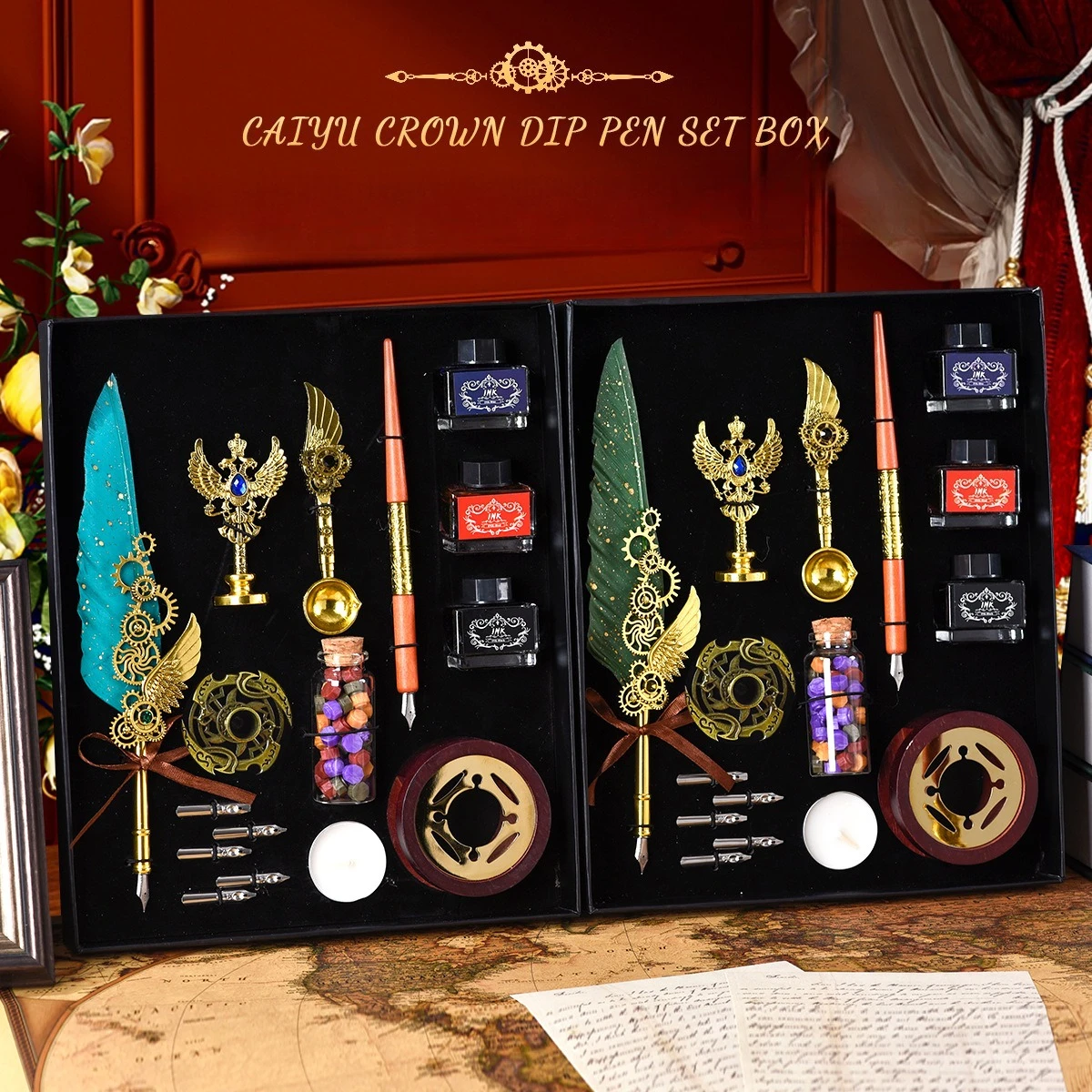 Mechanical Wings Retro Gem Quill Pen Set Feather Pen Ink Set Dip Pen Wax Granules Wax Seal Stamp Calligraphy Ideal Holiday Gift